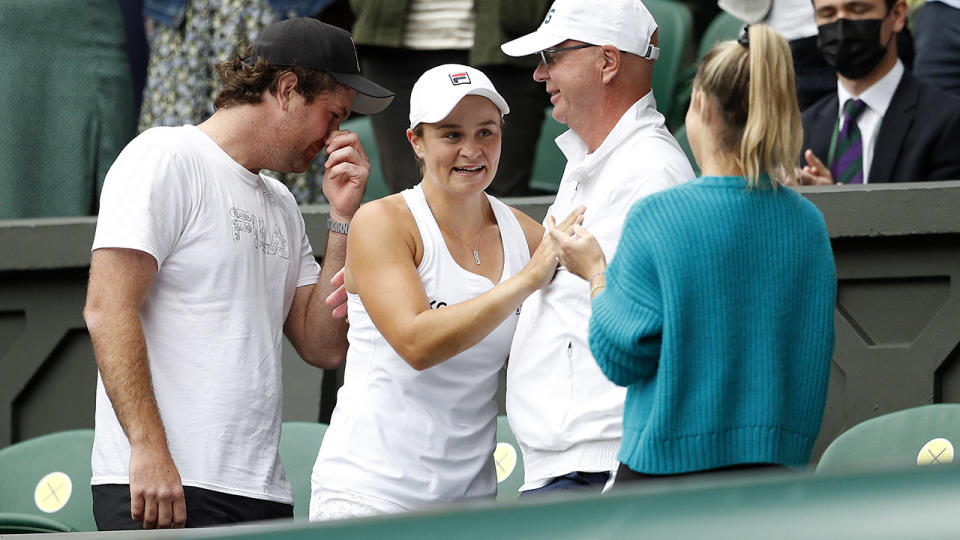 Ash Barty, pictured here with boyfriend Garry Kissick and coach Craig Tyzzer after winning Wimbledon.