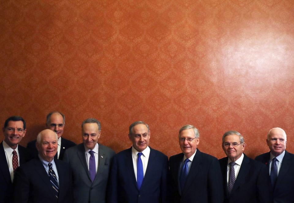 <div class="inline-image__caption"><p>Israeli Prime Minister Benjamin Netanyahu (C), stands with members of the U.S. Senate, (L-R), John Barrasso (R-WY), Ben Cardin (D-MD), Robert Casey (D-PA), Senate Minority Leader Chuck Schumer (D-NY), Senate Majority Leader Mitch McConnell (R-KY), Bob Menendez (R-NJ) and John McCain (R-AZ), during a meeting at the U.S. Capitol on February 15, 2017 in Washington, DC. </p></div> <div class="inline-image__credit">Mark Wilson/Getty Images</div>