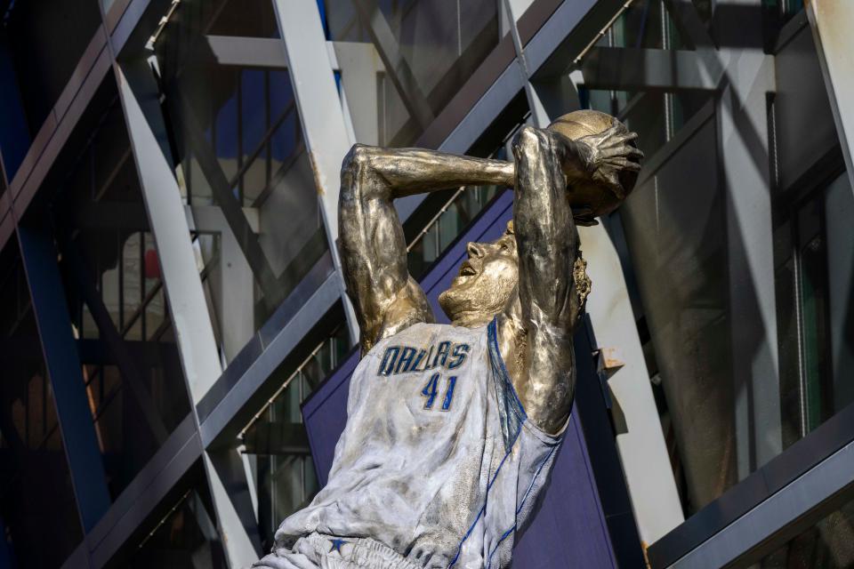 A view of the new Dirk Nowitzki statue outside the American Airlines Center.