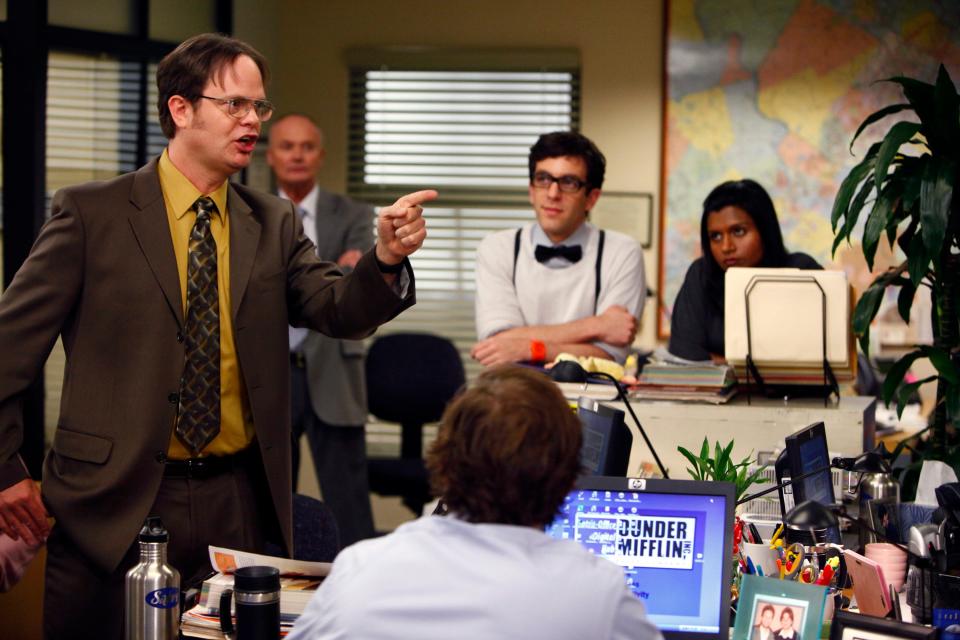 Rainn Wilson, left, Creed Bratton, B.J. Novak and Mindy Kaling in a scene from "The Office."