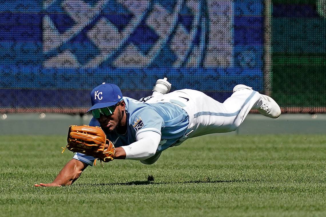 Kansas City Royals right fielder Edward Olivares catches a line drive for the out on Cleveland Guardians’ Nolan Jones during the first inning of a baseball game Saturday, July 9, 2022, in Kansas City, Mo. (AP Photo/Charlie Riedel)