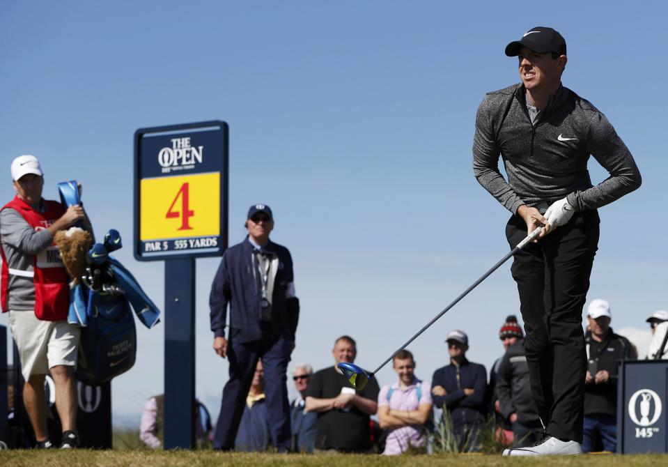 Golf-British Open - Northern Ireland's Rory McIlroy watches his tee shot on the fourth hole during the first round - Royal Troon, Scotland, Britain - 14/07/2016. REUTERS/Paul Childs