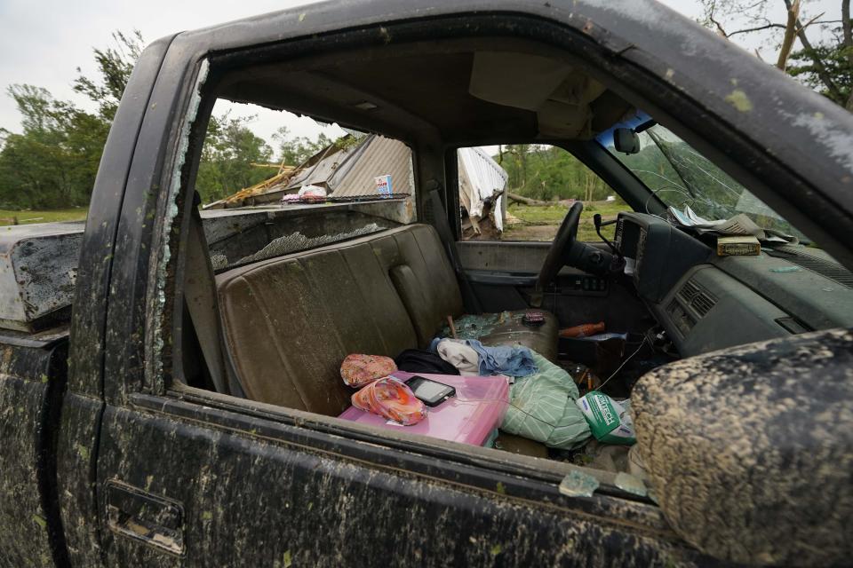 The wreckage of a truck is shown Monday, May 3, 2021, in Yazoo County, Miss. Multiple tornadoes were reported across Mississippi on Sunday, causing some damage but no immediate word of injuries. (AP Photo/Rogelio V. Solis)