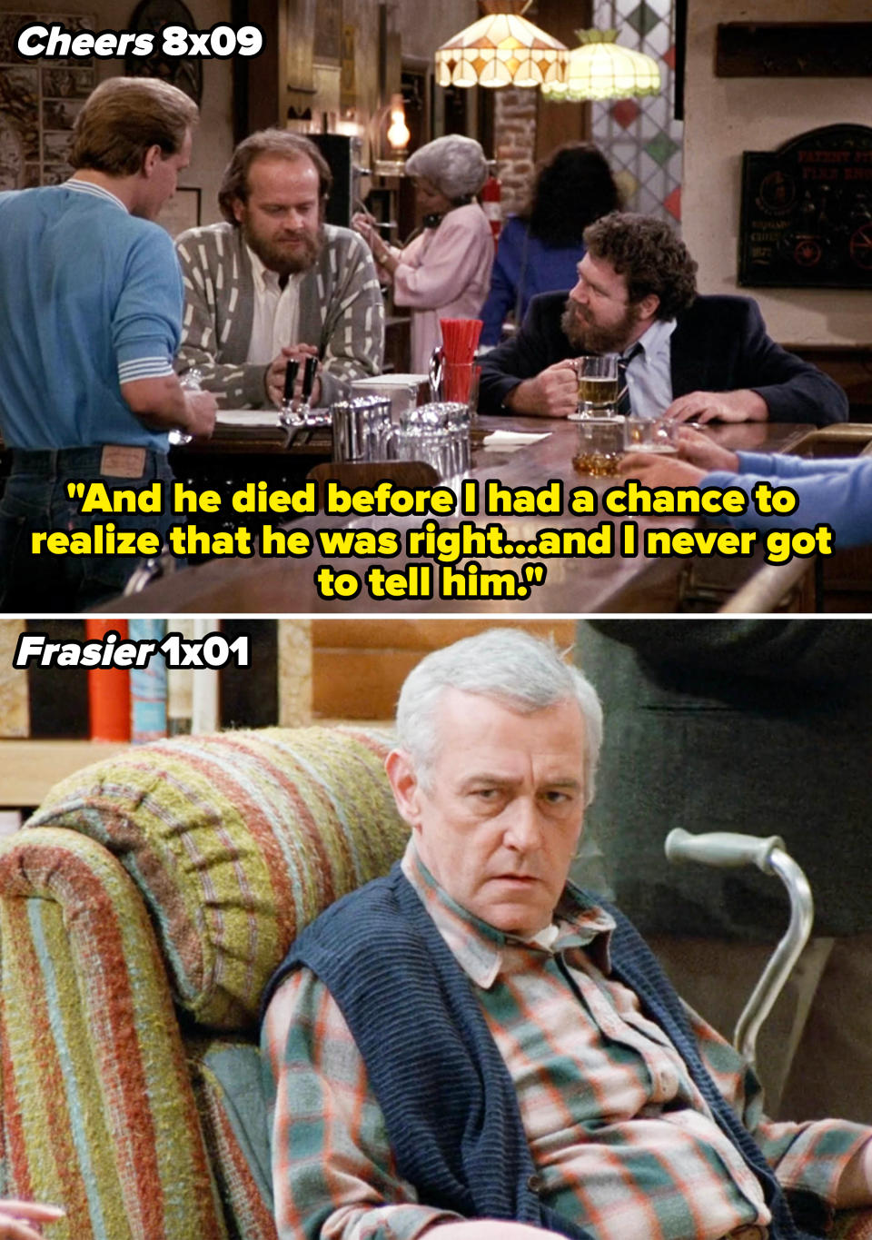 Scene from TV show Cheers with characters Sam, Norm, Cliff at the bar and Frasier on a couch