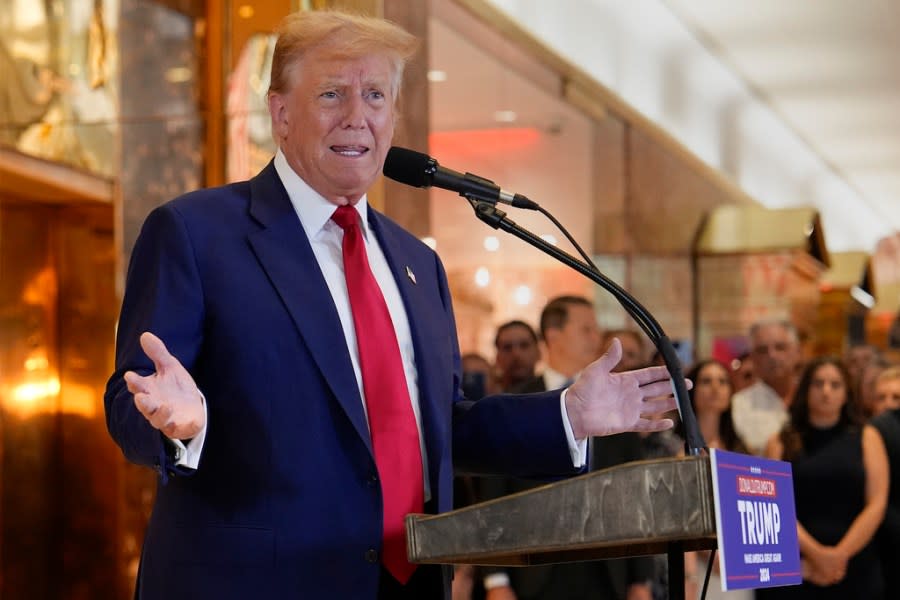 Former President Donald Trump speaks during a news conference at Trump Tower, Friday, May 31, 2024, in New York. A day after a New York jury found Donald Trump guilty of 34 felony charges, the presumptive Republican presidential nominee addressed the conviction and likely attempt to cast his campaign in a new light. (AP Photo/Julia Nikhinson)