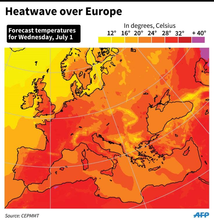 Map of western and central Europe showing the weather forecast temperatures for Wednesday, July 1