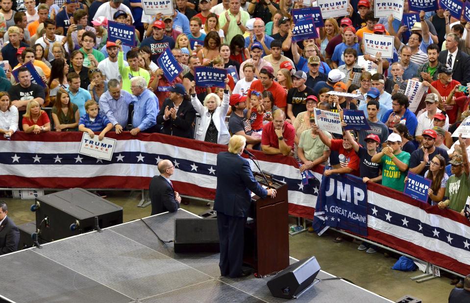 Donald Trump speaks at his campaign for president rally at the Veterans Memorial Arena in 2016 in Jacksonville, Fla. This year's Republican National Convention was moved from Charlotte, N.C. to Jacksonville but ultimately canceled because of coronavirus concerns.