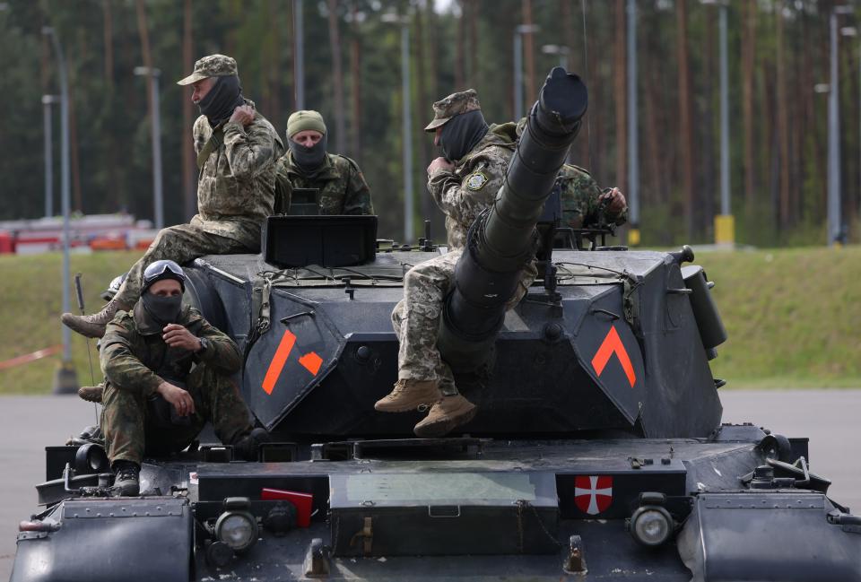 A Ukrainian tank crew aboard the Leopard 1A5 main battle tank they are being trained to operate and maintain by German and Danish military personnel (Getty Images)