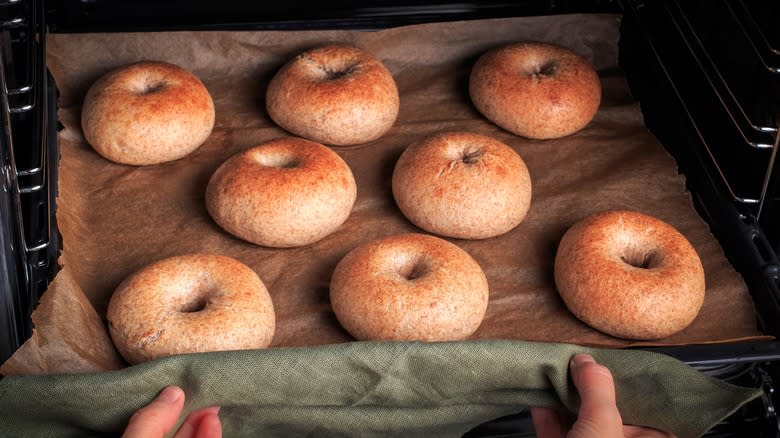 bagels coming out of oven