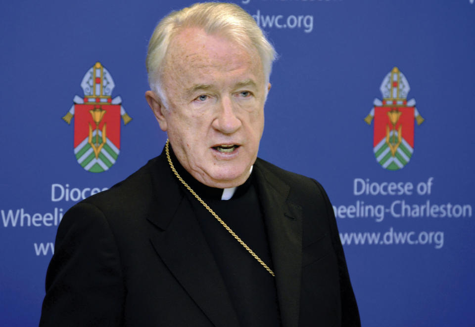 FILE - A 2015 file photo shows West Virginia Bishop Michael J. Bransfield, then-bishop of the Roman Catholic Diocese of Wheeling-Charleston. A lawsuit accusing Bransfield of molesting boys and men has been settled. The terms of the recent settlement are confidential, Wheeling-Charleston Diocese spokesman Tim Bishop said in a statement, Wednesday, Aug. 21, 2019. The diocese declined further comment. (Scott McCloskey/The Intelligencer via AP, File)