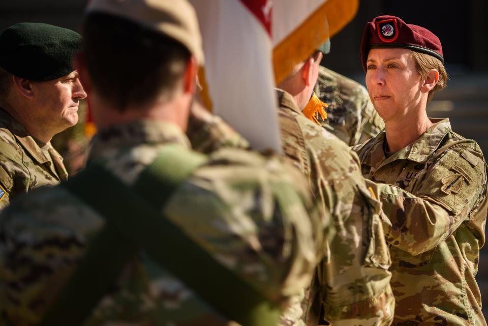 Command Sgt. Maj. JoAnn Naumann passes the colors during an U.S. Army Special Operations Command change of responsibility ceremony on Monday, May 1, 2023, on Fort Bragg. Command Sgt. Maj. Michael Weimer relinquished command of the U.S. Army Special Operations Command to Naumann. Weimer is going to be the next sergeant major of the Army, while Naumann is the first female senior enlisted advisor for the command. 