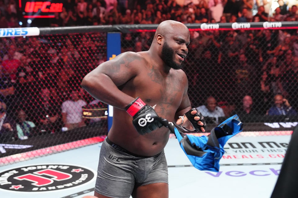 SALT LAKE CITY, UTAH - JULY 29:  Derrick Lewis celebrates his TKO victory over Marcos Rogerio de Lima of Brazil in a heavyweight fight during the UFC 291 event at Delta Center on July 29, 2023 in Salt Lake City, Utah. (Photo by Josh Hedges/Zuffa LLC via Getty Images)