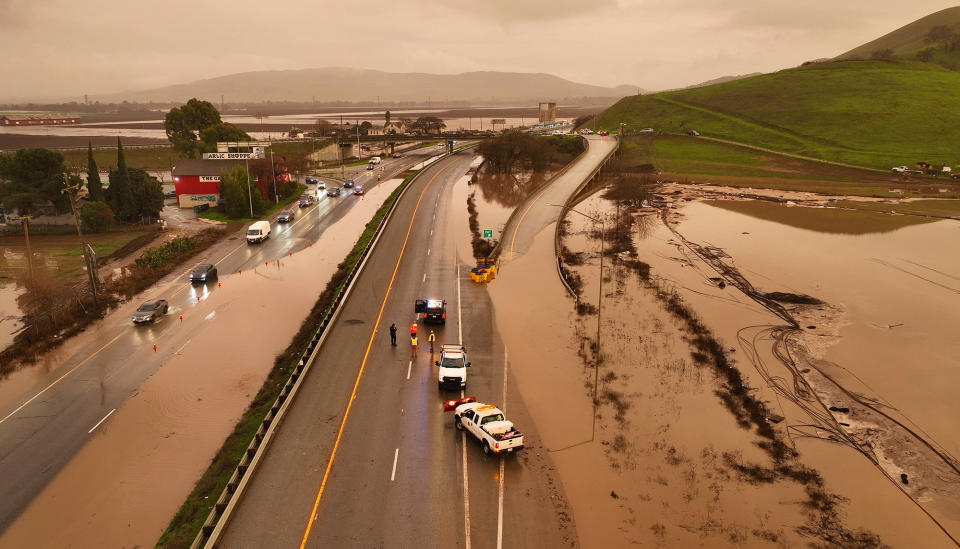 Highway 101 is closed due to flooding on Jan. 9, 2023, in Gilroy, California.
