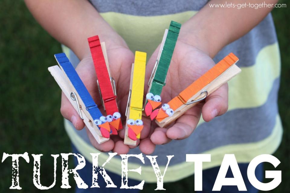 <p>Let’s Get Together</p><p>Who doesn’t love a game of tag? This Thanksgiving, <a href="https://lets-get-together.com/2014/10/20/diy-turkey-tag/" rel="nofollow noopener" target="_blank" data-ylk="slk:Let’s Get Together;elm:context_link;itc:0;sec:content-canvas" class="link "><em>Let’s Get Together</em></a>suggests having siblings paint these turkey tag clothespins, then attach them to the back of their shirts once they’re dry and whoever is the last one to get theirs pulled off, wins!</p><p><strong>Related: </strong><strong>150 <a href="https://www.yahoo.com/lifestyle/150-best-thanksgiving-quotes-celebrate-104333847.html" data-ylk="slk:Thanksgiving Quotes;elm:context_link;itc:0;sec:content-canvas;outcm:mb_qualified_link;_E:mb_qualified_link;ct:story;" class="link  yahoo-link">Thanksgiving Quotes</a></strong></p>