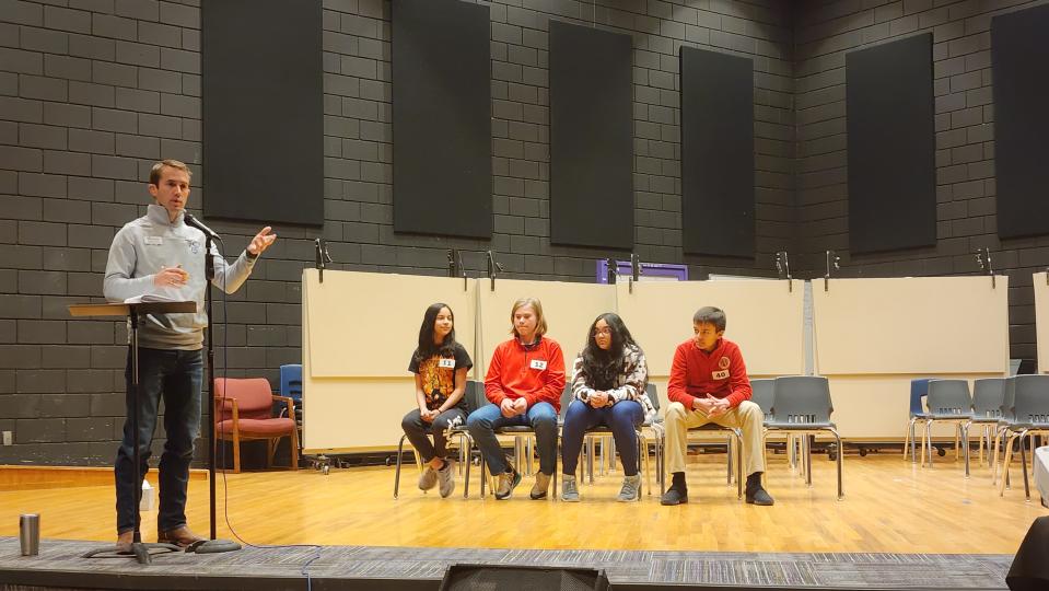 The final four students await the next round of spelling  Friday at the Randall County Spelling Bee at Canyon Intermediate School in Canyon.