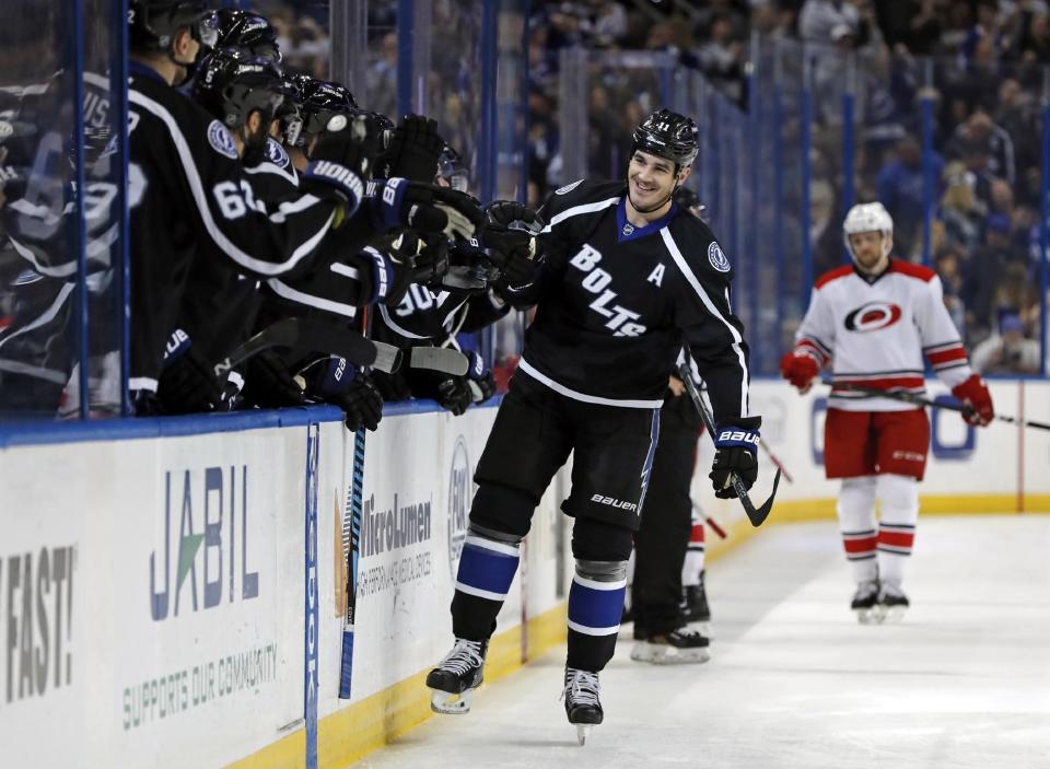 Tampa Bay Lightning's Brian Boyle celebrates his goal against the Carolina Hurricanes during the first period of an NHL hockey game Saturday, Dec. 31, 2016, in Tampa, Fla. (AP Photo/Mike Carlson)