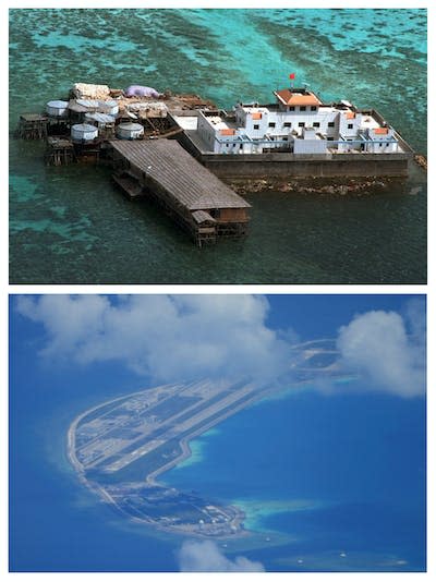 This combo photo shows the same Chinese structures on an man-made island in February 1999, top, and March 2022 in a disputed area of the South China Sea. (AP Photos/Aaron Favila)