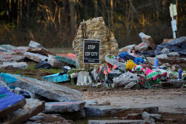 A makeshift memorial for environmental activist Manuel Terán, who was deadly assaulted by law enforcement during a raid to clear the construction site of a police training facility that activists have nicknamed 