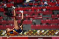 <p>Sweden's Erika Kinsey competes in the women's high jump qualification during the Tokyo 2020 Olympic Games at the Olympic Stadium in Tokyo on August 5, 2021. (Photo by Jonathan NACKSTRAND / AFP)</p> 