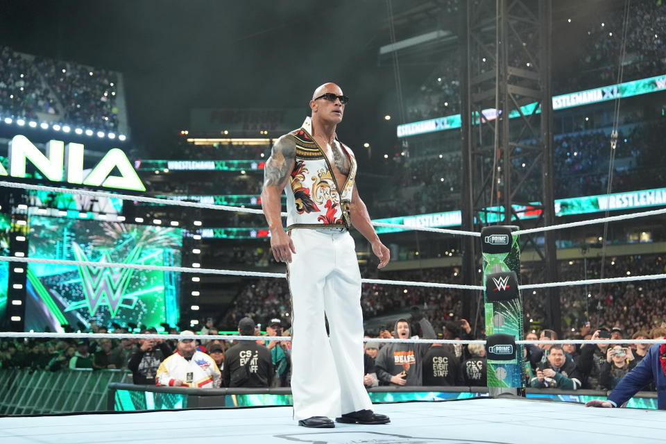 PHILADELPHIA, PENNSYLVANIA - APRIL 7: The Rock enters the ring on Night Two of WrestleMania 40 at Lincoln Financial Field on April 7, 2024 in Philadelphia, Pennsylvania. (Photo by WWE/Getty Images)