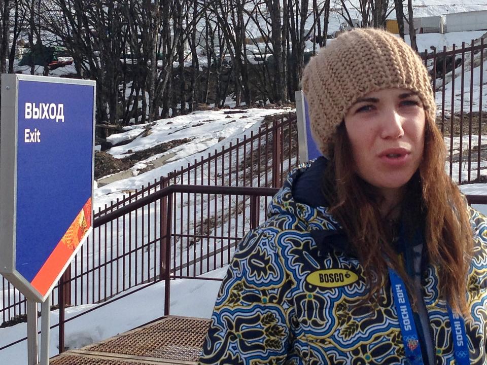 Ukrainian skier Bogdana Matsotska speaks during an interview with the Associated Press at the Sochi 2014 Winter Olympics, Thursday, Feb. 20, 2014, in Krasnaya Polyana, Russia. The International Olympic Committee said on Thursday, Feb. 20, that Matsotska is leaving the Olympics in response to the violence in her country. (AP Photo/Graham Dunbar)