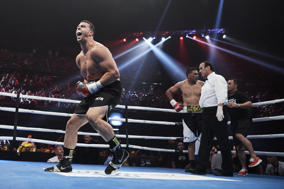 Darcy Lussick celebrates victory over Justin Hodges during their Heavyweight fight at ICC Sydney Theatre on December 06, 2019 in Sydney, Australia. (Photo by Brett Hemmings/Getty Images)