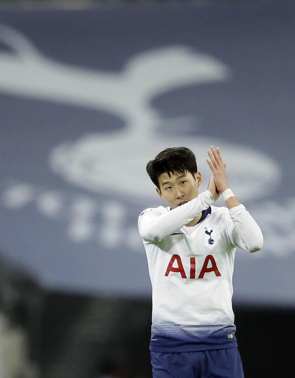Tottenham's Heung-Min Son applauds to supporters during the English Premier League soccer match between Tottenham Hotspur and Bournemouth at Wembley stadium in London, Wednesday, Dec. 26, 2018. (AP Photo/Tim Ireland)