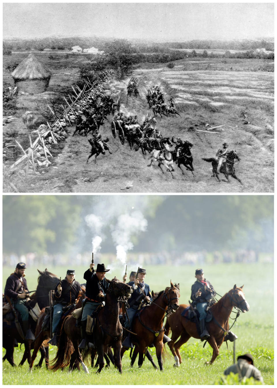 This combination image shows, top, a sketch made available by the U.S. Army Signal Corps of the Union Army galloping into action on horseback at the Battle of Gettysburg, Pa, which took place July 1-3, 1863, during the American Civil War, and bottom, mounted Union re-enactors taking part in a demonstration of a battle during ongoing activities commemorating the 150th anniversary of the Battle of Gettysburg, Friday, June 28, 2013, at Bushey Farm in Gettysburg, Pa. (AP Photo)