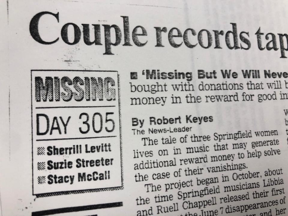 A rectangular box displayed alongside a Springfield News-Leader story about the Three Missing Women depicts 305 days, just shy of one year, since their disappearance. Stacy McCall, Suzanne "Suzie" Streeter and Sherrill Levitt disappeared on Sunday, June 7. June 7, 2022 marks 30 years since the women's disappearance.