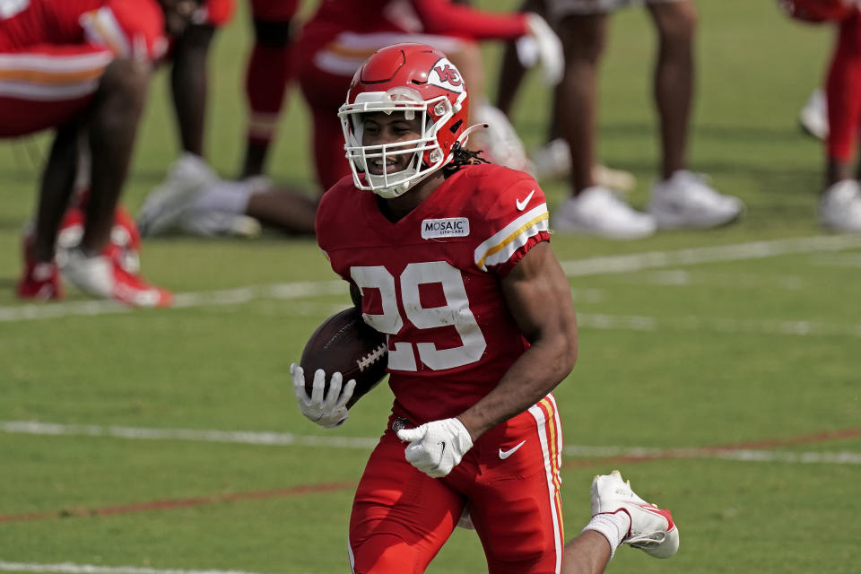 Kansas City Chiefs running back Jerrion Ealy runs during NFL football training camp Sunday, Aug. 7, 2022, in St. Joseph, Mo. (AP Photo/Charlie Riedel)