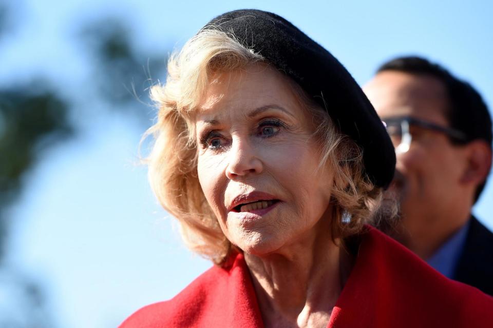 Jane Fonda speaks outside the US Capitol during a climate change protest on October 18 2019 in Washington, DC: OLIVIER DOULIERY/AFP via Getty Images