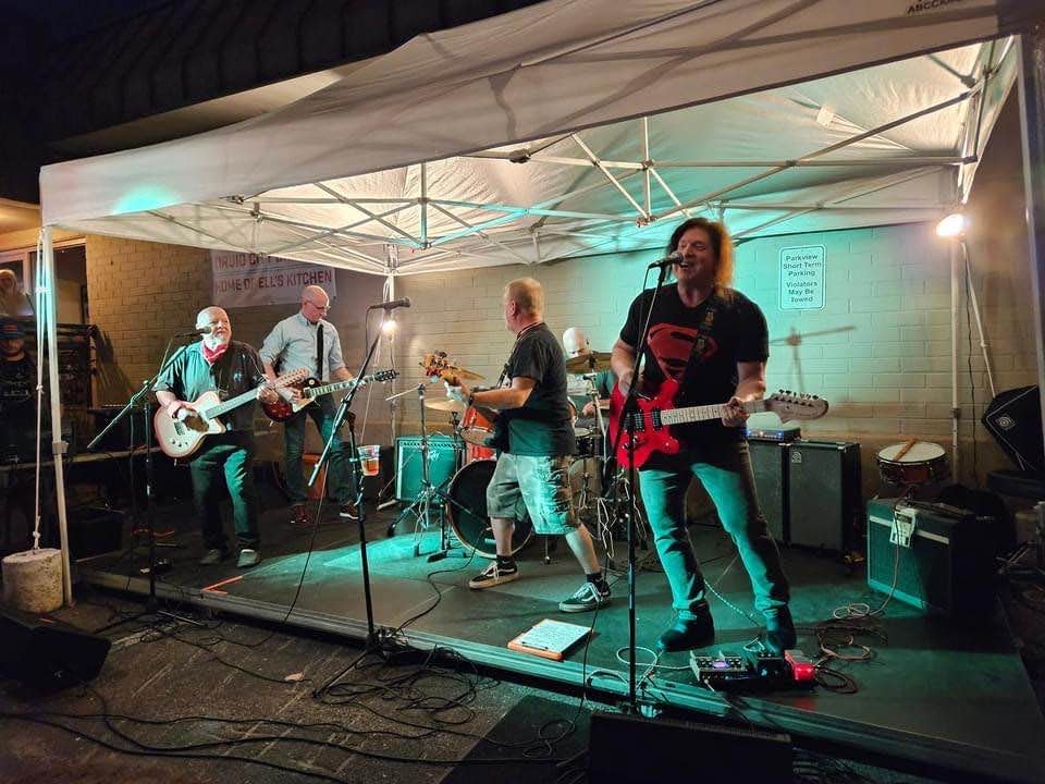 Among many reuniting bands for the Chukker Weekender at Druid City Brewing Company, Oct. 27-28, which included The Dexateens, Sweat Bee, and Club Wig, were The Crying Jags. From left, Robert Huffman, Tommy Sorrells, Steve Wallace, Ken Adams and Mark Hughes Cobb. Photo by Frannie James.