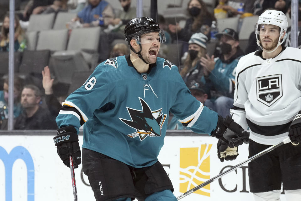 San Jose Sharks center Tomas Hertl (48) reacts after being called for a penalty during the second period against the Los Angeles Kings during an NHL hockey game in San Jose, Calif., Monday, Jan. 17, 2022. (AP Photo/Darren Yamashita)