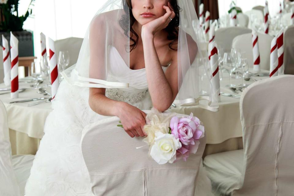 <p>Getty</p> Bride sitting in a ceremony waiting restaurant