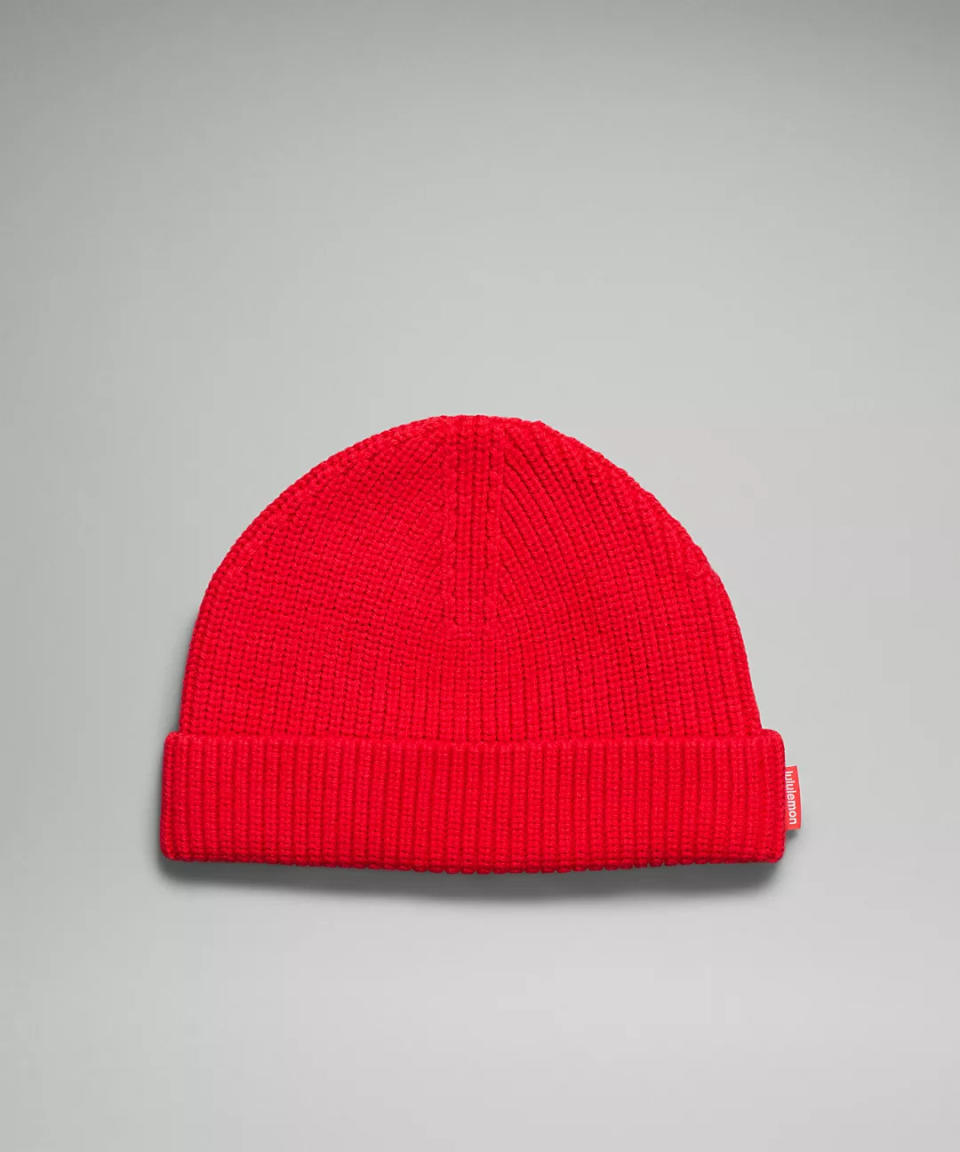 product photo of red Close-Fit Wool-Blend Ribbed Knit Beanie. Image via lululemon.