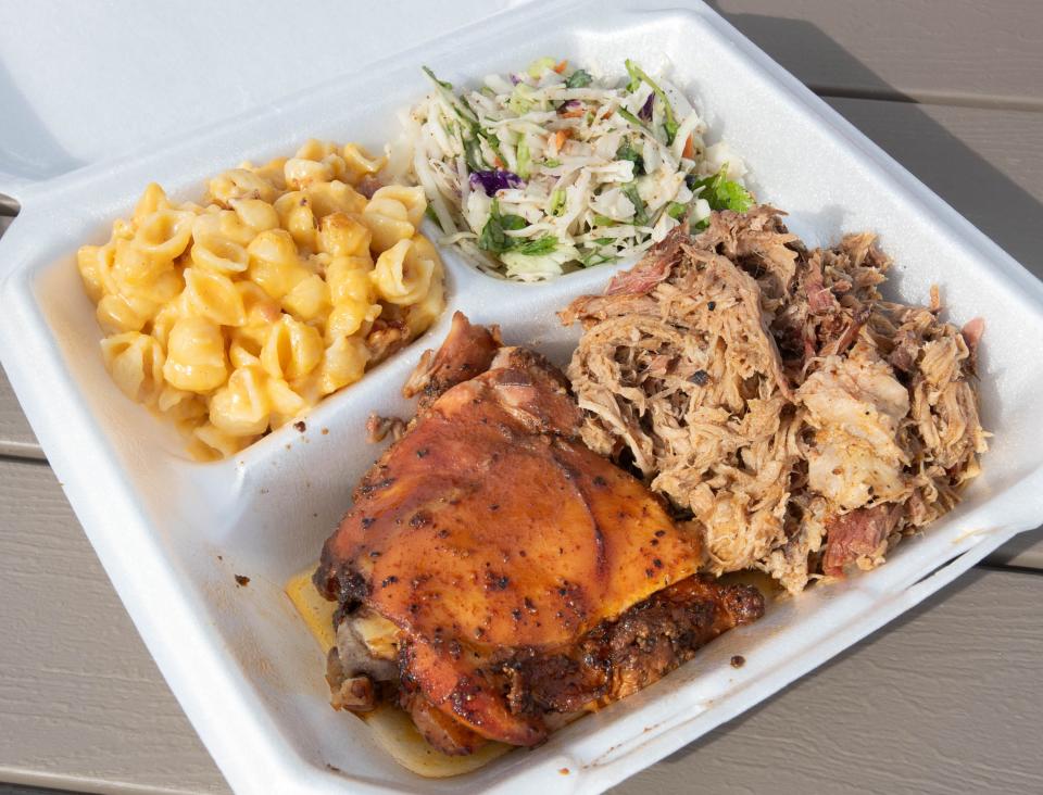 A two meat with two sides plate from the Meat Candy BBQ food truck at the Tanglewood Golf and Country Club in Milton on Wednesday, Oct. 4, 2023.