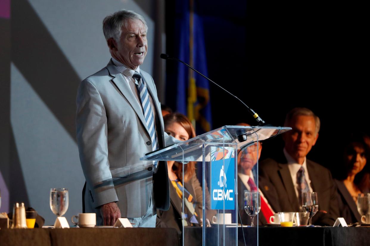 Omar Aleman speaks on April 19 during the 39th annual CBMC Metro Prayer Breakfast in Oklahoma City.