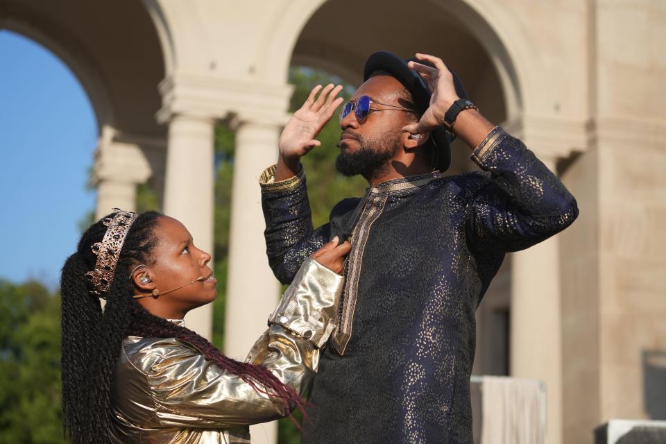 Kerrington Shorter and Shawnté P. Gaston perform during a dress rehearsal for "Ricky 3 — a hip-hop Shakespeare Richard III" at Taggart Memorial Amphitheater Tuesday, July 19, 2022, in Indianapolis.