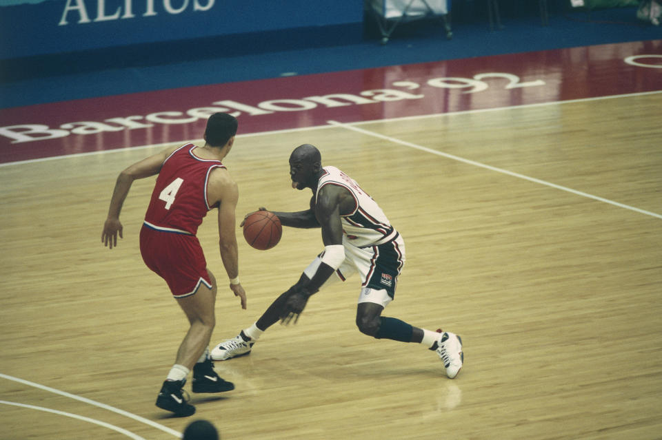 Michael Jordan from USA during the Final of the 1992 Olympics against Croatia. | Location: Barcelona, Spain.    (Photo by Dimitri Iundt/Corbis/VCG via Getty Images)