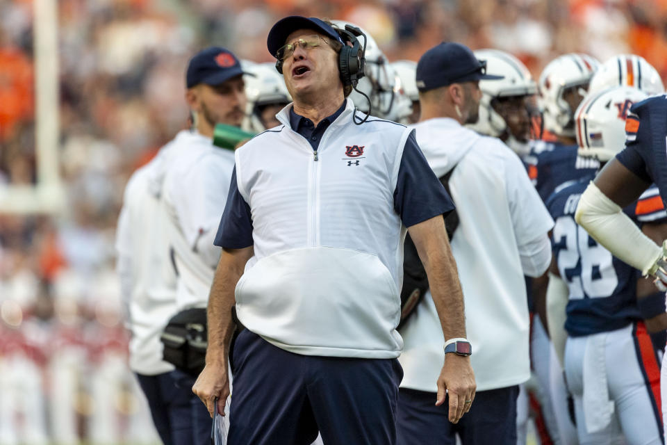 Auburn head coach Gus Malzahn argues a call during the first half of an NCAA college football game against Alabama, Saturday, Nov. 30, 2019, in Auburn, Ala. (AP Photo/Vasha Hunt)