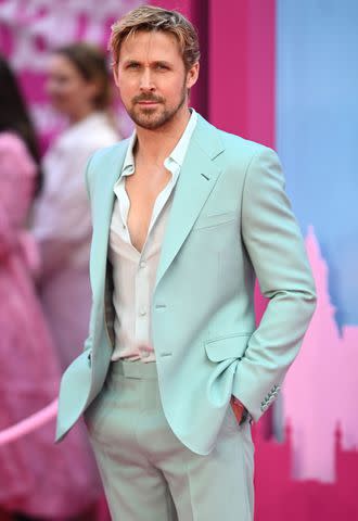 <p>Samir Hussein/WireImage</p> Ryan Gosling attends the <em>Barbie</em> European premiere on July 12, 2023, in London