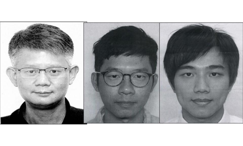 從三名被告的個人裝置紀錄中顯示，間諜案中的監視行動針對香港流散者，包括（左起）蒙兆達、羅冠聰和劉祖廸三人。  （香港警察通緝公告配圖）