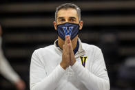 Villanova coach Jay Wright gestures before the team's NCAA college basketball game against Creighton, Wednesday, March 3, 2021, in Villanova, Pa. (AP Photo/Laurence Kesterson)