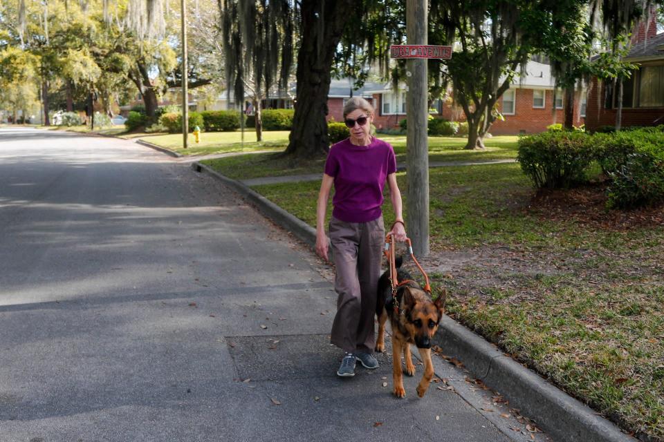 Marj Schneider walks through her Savannah neighborhood with her new guide dog.