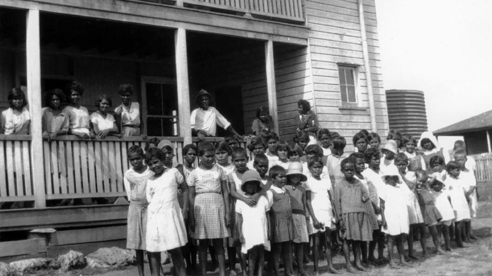 A group of children at the girls' dormitory in Cherbourg circa 1930. - Queensland Museum/Betty McKenzie Collection
