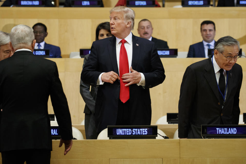 <p>President Donald Trump arrives for the “Reforming the United Nations: Management, Security, and Development” meeting during the United Nations General Assembly, Monday, Sept. 18, 2017, in New York. (Photo: Evan Vucci/AP) </p>