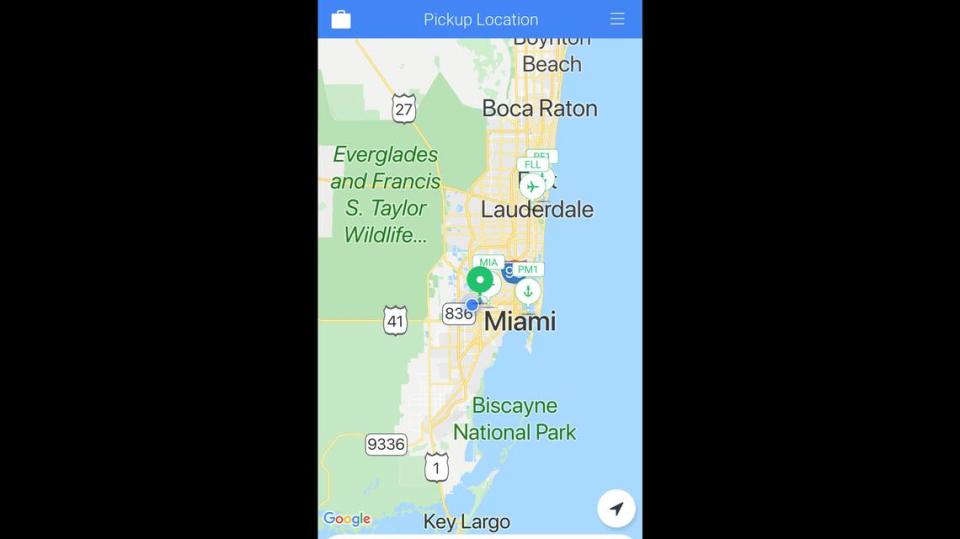 The SuperShuttle app’s screen on Dec. 14, 2019, in a screen grab when summoned from Doral, Florida.