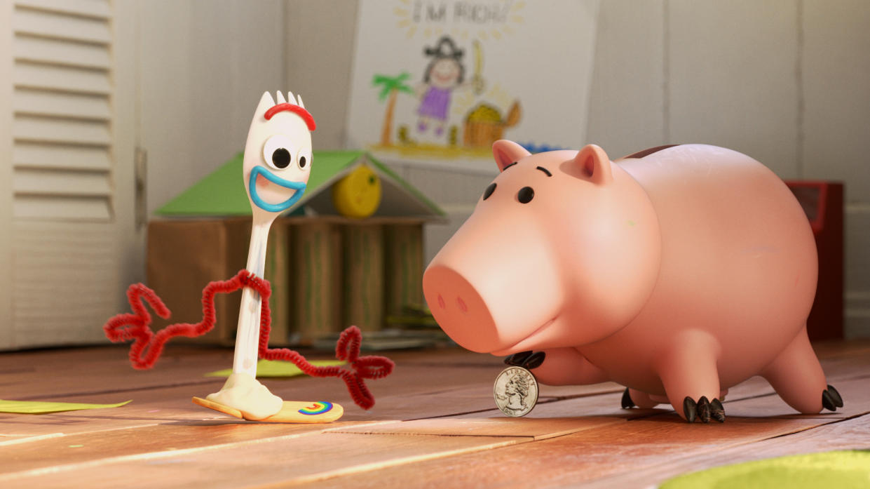 Forky (Tony Hale) and Hamm (John Ratzenberger) in a still from Pixar's Disney+ Original series <i>Forky Asks A Question</i>. (Disney)