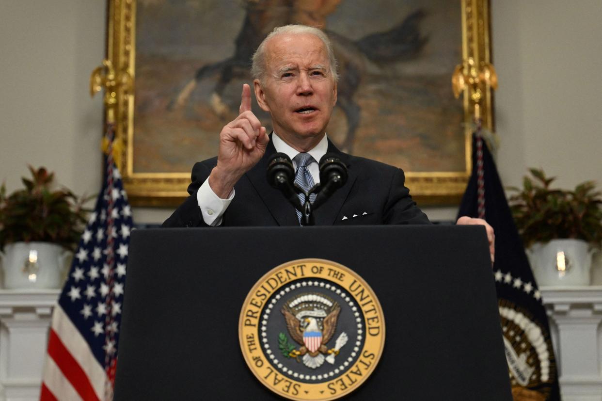 U.S. President Joe Biden provides updates on the Ukraine-Russia conflict in the Roosevelt Room of the White House in Washington, DC on April 21, 2022. Biden announced Thursday a new package of $800 million in military aid for Ukraine, saying it would help Kyiv's forces in the fight against Russia's forces in the Donbas region.