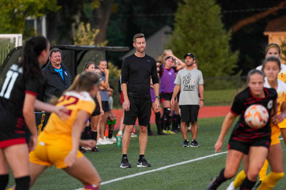 Iowa State head coach Matt Fannon watches from the sideline during the game at Cyclone Sports Complex on Thursday, Sept. 16, 2022. Iowa State defeated Omaha, 4-1.